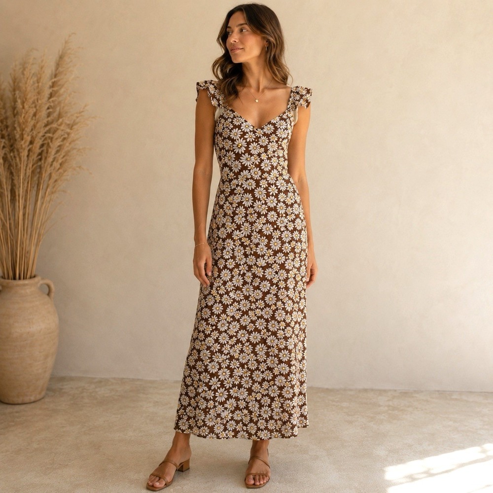 Divided H&M Womens Boho Daisies Floral Maxi Dress Size S Brown Flowy Cottagecore